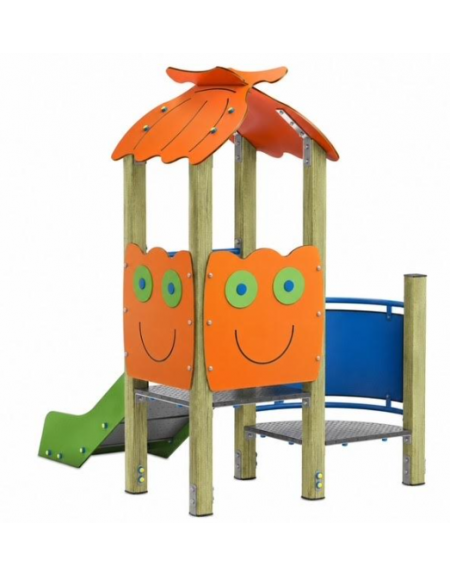 Mini torre singola con tetto, struttura in legno di pino nordico, scivolo dritto in acciaio e step - cm 158x207x232h