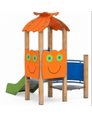 Mini torre singola con tetto, struttura in legno di pino termotrattato, scivolo dritto in acciaio e step - cm 158x207x232h