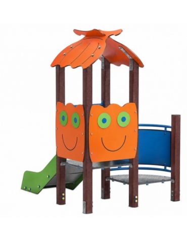 Mini torre singola con tetto, struttura in plastica riciclata, scivolo dritto in acciaio e step - cm 158x207x232h