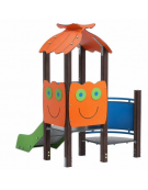 Mini torre singola con tetto, struttura in alluminio rifinita in legno dark, scivolo dritto in acciaio e step - cm 158x207x232h