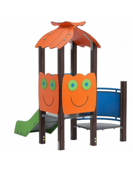 Mini torre singola con tetto, struttura in alluminio rifinita in legno dark, scivolo dritto in acciaio e step - cm 158x207x232h