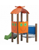 Mini torre singola con tetto, struttura in alluminio rifinita in legno light, scivolo dritto in acciaio e step - cm 158x207x232h