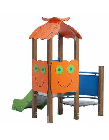 Mini torre singola con tetto, struttura in alluminio rifinita in legno light, scivolo dritto in acciaio e step - cm 158x207x232h