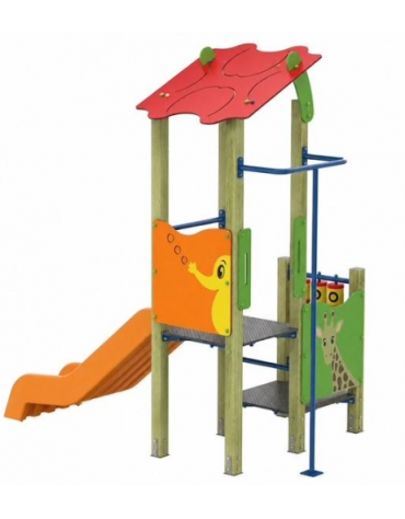 Torre singola baby con tetto, pali in legno di pino nordico, scivolo in polietilene e pannello attività - cm 169x285x287h