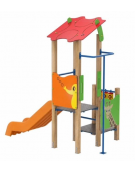 Torre singola baby con tetto, pali in legno di pino termotrattato, scivolo in polietilene e pannello attività - cm 169x285x287h