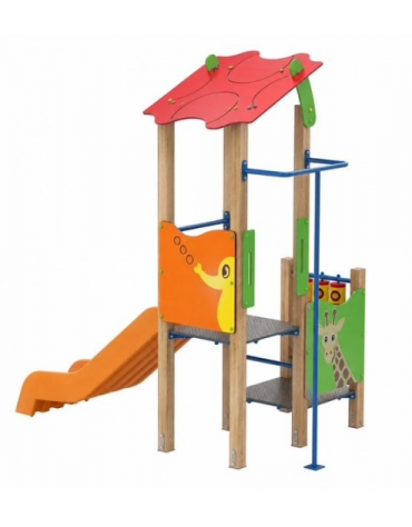 Torre singola baby con tetto, pali in legno di pino termotrattato, scivolo in polietilene e pannello attività - cm 169x285x287h