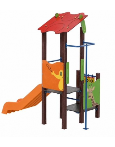 Torre singola baby con tetto, pali in plastica riciclata, scivolo in polietilene e pannello attività - cm 169x285x287h