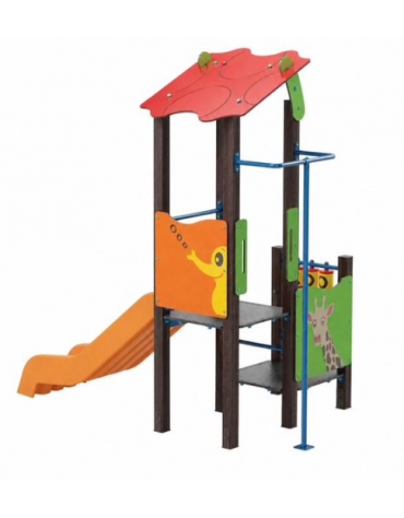 Torre baby con tetto, pali in alluminio rifiniti in legno dark, scivolo in polietilene e pannello attività -cm169x285x287h