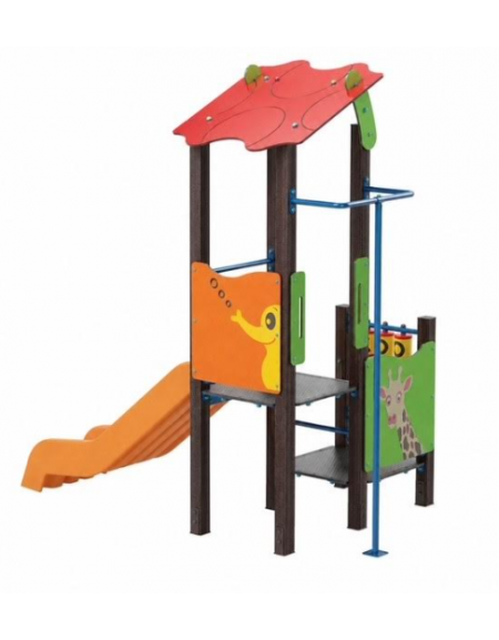 Torre baby con tetto, pali in alluminio rifiniti in legno dark, scivolo in polietilene e pannello attività -cm169x285x287h