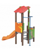 Torre baby con tetto, pali in alluminio rifiniti in legno light, scivolo in polietilene e pannello attività -cm169x285x287h