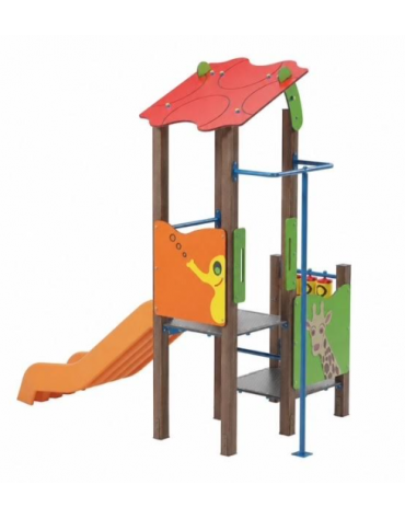 Torre baby con tetto, pali in alluminio rifiniti in legno light, scivolo in polietilene e pannello attività -cm169x285x287h