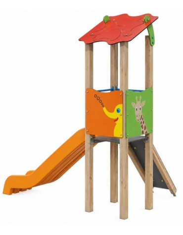 Torre singola con tetto, pali in legno di pino nordico, scivolo in polietilene rotazionale e pedana arrampicata -cm 192x291x317h