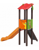 Torre singola con tetto, pali in alluminio rifinita legno dark, scivolo in polietilene e pedana arrampicata - cm 192x291x317h