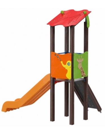 Torre singola con tetto, pali in alluminio rifinita legno dark, scivolo in polietilene e pedana arrampicata - cm 192x291x317h