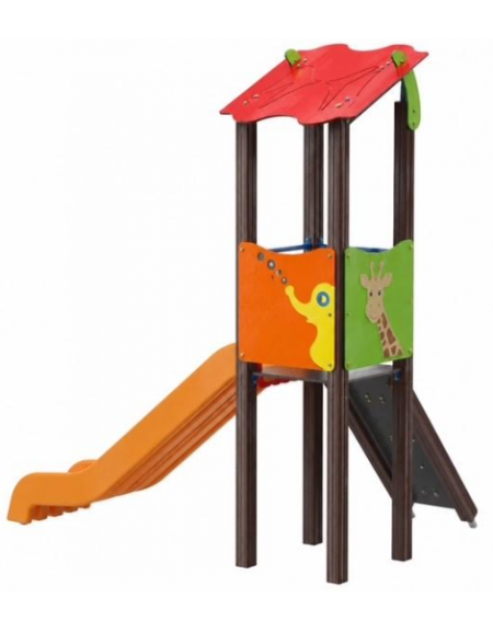 Torre singola con tetto, pali in alluminio rifinita legno dark, scivolo in polietilene e pedana arrampicata - cm 192x291x317h