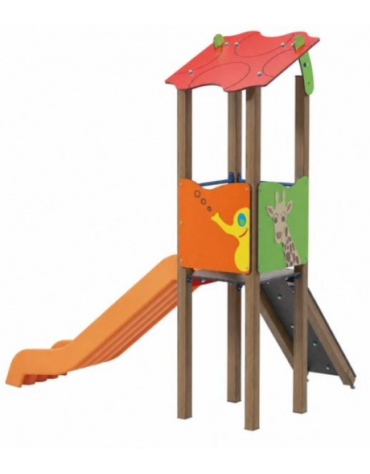 Torre singola con tetto, pali in alluminio rifinita legno light, scivolo in polietilene e pedana arrampicata - cm 192x291x317h