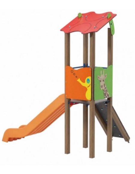 Torre singola con tetto, pali in alluminio rifinita legno light, scivolo in polietilene e pedana arrampicata - cm 192x291x317h