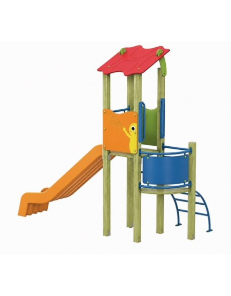 Torre singola teen con tetto, struttura in legno di pino termotrattato, scivolo in polietilene - cm 162x368x337h