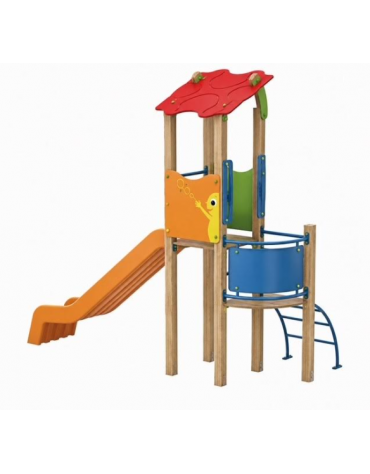Torre singola teen con tetto, struttura in legno di pino nordico, scivolo in polietilene - cm 162x368x337h