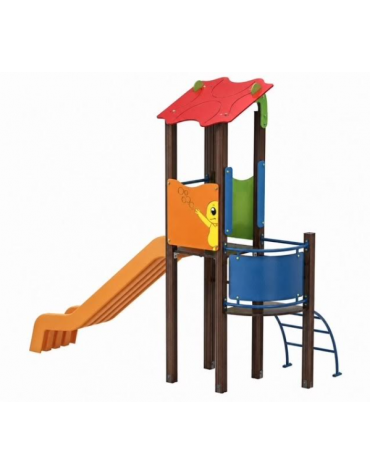 Torre singola teen con tetto, struttura in alluminio rifinita in legno dark, scivolo in polietilene - cm 162x368x337h