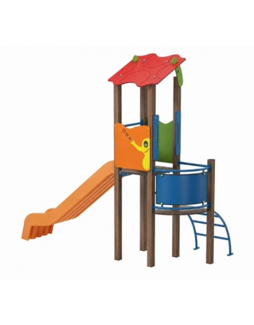 Torre singola teen con tetto, struttura in alluminio rifinita in legno light, scivolo in polietilene - cm 162x368x337h
