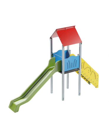 Torre singola con tetto, pali in alluminio - scivolo in polietilene rotazionale cm 150h - cm 120x512x360h