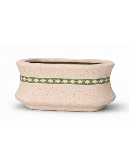 Fioriera ovale in cemento calcestruzzo colore Bianco travertino - con greca decorativa - cm 100x60x65h - Conforme ai CAM