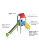 Torre singola con tetto, pali in plastica riciclata - scivolo in polietilene rotazionale cm 150h - cm 120x512x360h