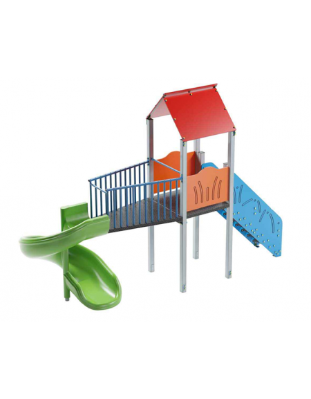Torre singola con tetto, pali in alluminio - scivolo elicoidale in polietilene cm 165h - cm 177x520x360h