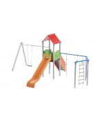 Torre con tetto, altalena 1 posto e palestra addossata - pali in alluminio - scivolo in polietilene - cm 512x755x360h