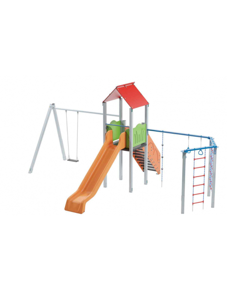 Torre con tetto, altalena 1 posto e palestra addossata - pali in alluminio - scivolo in polietilene - cm 512x755x360h
