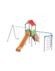 Torre con tetto, altalena 1 posto e palestra addossata - pali in alluminio - scivolo in polietilene - cm 512x755x360h