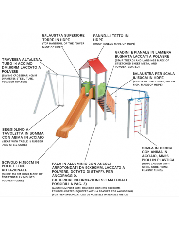 Torre con tetto, altalena 1 posto e palestra addossata - pali in alluminio - scivolo in polietilene - cm 512x755x360h