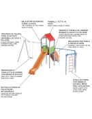 Torre con tetto, altalena 1 posto e palestra addossata - pali in legno termotrattato - scivolo in polietilene -cm 512x755x360h