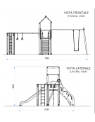 Torre con tetto, altalena 1 posto e palestra addossata - pali in legno termotrattato - scivolo in polietilene -cm 512x755x360h
