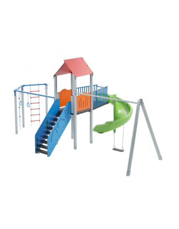 Torre con tetto, altalena 1 posto e palestra addossata - pali in alluminio - scivolo elicoidale in polietilene -cm 518x755x360h