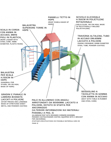 Torre con tetto, altalena 1 posto e palestra addossata - pali in alluminio - scivolo elicoidale in polietilene -cm 518x755x360h