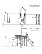 Torre con tetto, altalena 1 posto e palestra addossata - pali in alluminio - scivolo elicoidale in polietilene -cm 518x755x360h