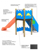 Torre senza tetto con scivolo in polietilene rotazionale - pali in legno termotrattato - cm 252x374x250h