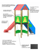 Torre con tetto e scivolo in polietilene rotazionale - pali in legno di pino termotrattato  - cm 261x379x360h