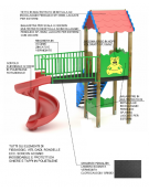 Torre con tetto e scivolo in polietilene rotazionale elicoidale - pali in legno di pino termotrattato - cm 261x388x360h