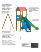 Torre con scivolo in polietilene rotazionale e tetto, 1 altalena - pali in legno di pino termotrattato - cm 588x483x360h