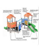 Mini torre doppia con tetto, struttura in plastica riciclata, 2 scivoli in acciaio e step - cm 402x383x232h