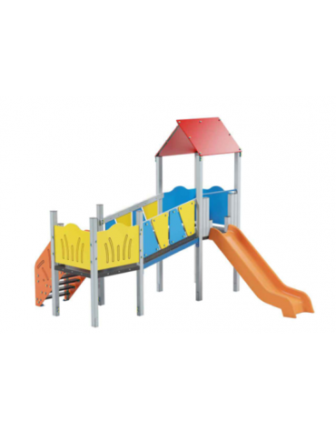 Baby Villaggio, 2 torri con pali in alluminio, scivolo in polietilene - scala e pianale in lamiera - cm 395x370x330h
