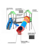 Mini villaggio, 2 torri con pali in plastica riciclata - 2 scivoli di cui 1 a tunnel - cm 443x645x360h