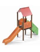 Torre con tetto, pali in alluminio rifiniti in legno light, scivolo in polietilene, scala e pianale in lamiera - cm 117x425x330h