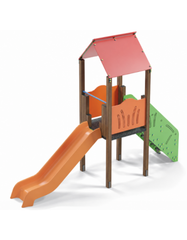 Torre con tetto, pali in alluminio rifiniti in legno light, scivolo in polietilene, scala e pianale in lamiera - cm 117x456x330h