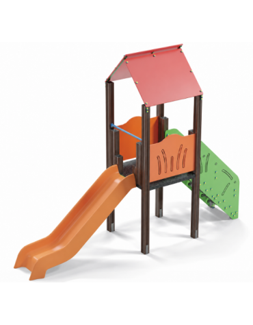 Torre con tetto, pali in alluminio rifiniti in legno dark, scivolo in polietilene, scala e pianale in lamiera - cm 117x456x330h