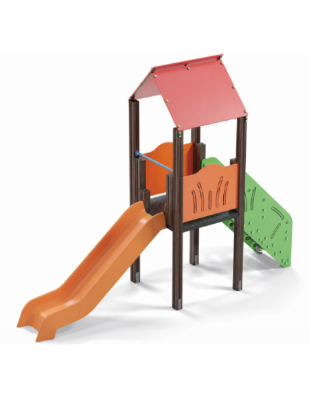 Torre con tetto, pali in alluminio rifiniti in legno dark, scivolo in polietilene, scala e pianale in lamiera - cm 117x456x330h