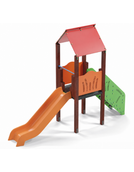 Torre con tetto, pali in plastica riciclata, scivolo in polietilene, scala e pianale in lamiera - cm 117x456x330h
